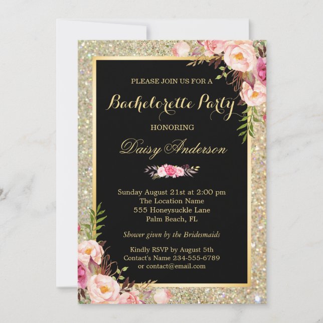 Bachelorette Party Shiny Gold Sparkles Floral Invitation (Front)