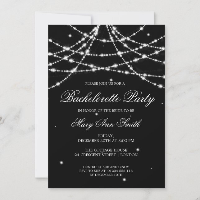 Bachelorette Party Sparkling String Black Invitation (Front)