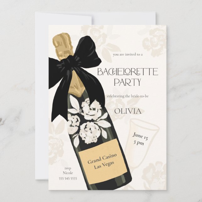 Bachelorette party Sparkling Wine Bottle Black Bow Invitation (Front)