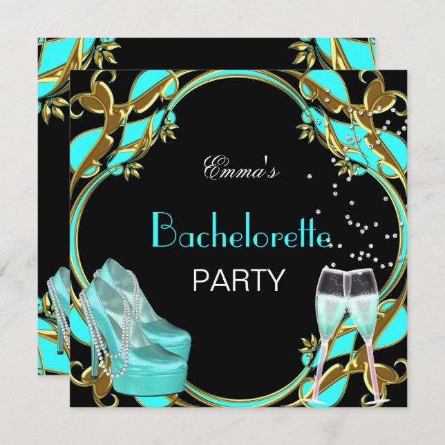 Bachelorette Party Teal Blue Black Gold Invitation (Front/Back)