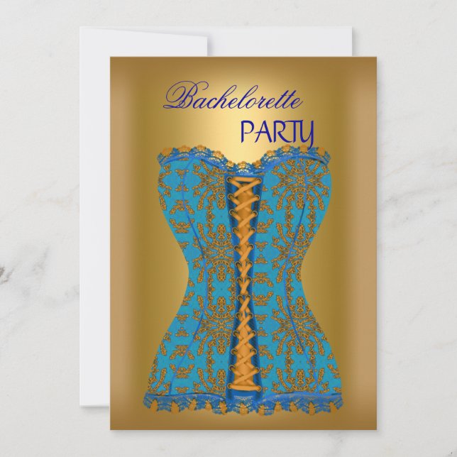 Bachelorette Party Teal Blue Corset Gold Yellow Invitation (Front)