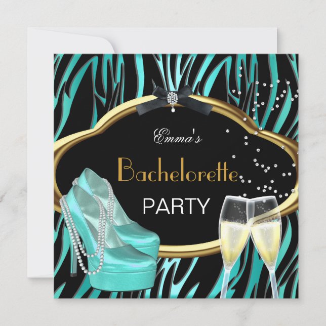 Bachelorette Party Teal Blue Gold Black Zebra Invitation (Front)