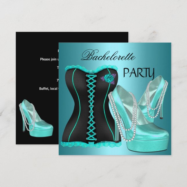 Bachelorette Party Teal Blue Hi heel Shoes Invitation (Front/Back)
