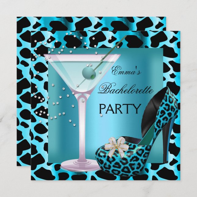 Bachelorette Party Teal Blue Leopard Shoes Black Invitation (Front/Back)