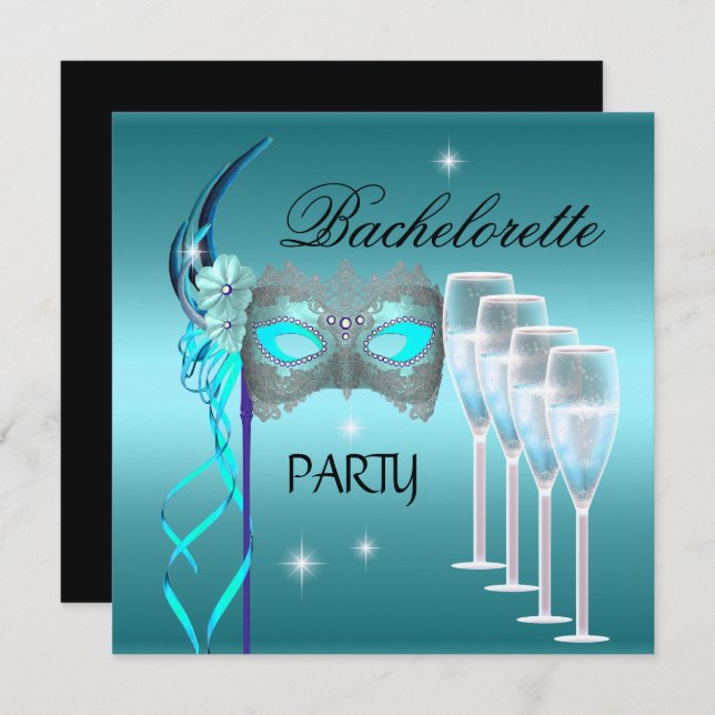Bachelorette Party Teal Blue Mask Champagne Invitation (Front/Back)
