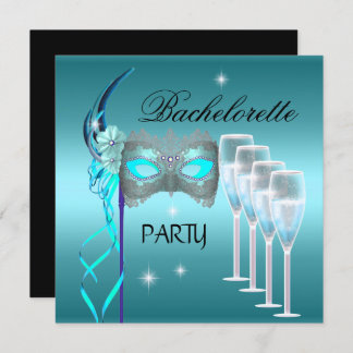 Bachelorette Party Teal Blue Mask Champagne Invitation
