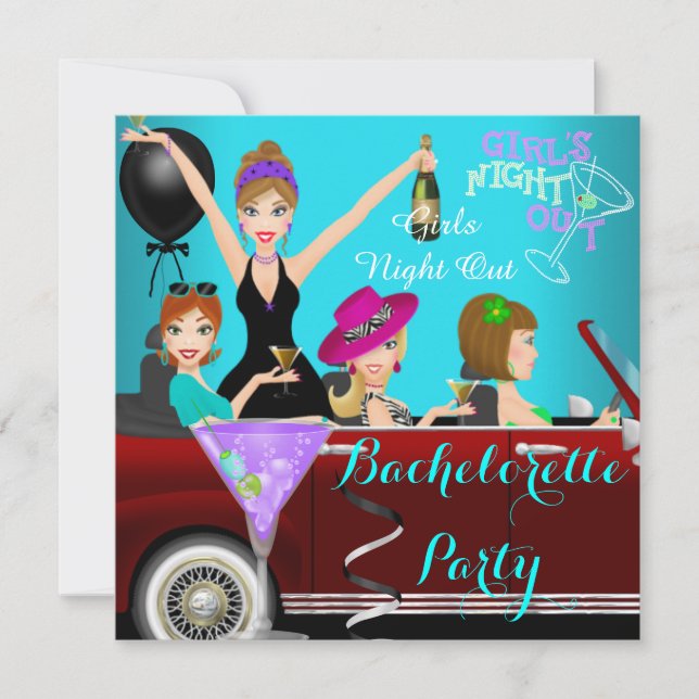 Bachelorette Party Teal Fun Limo Car Cocktails 2 Invitation (Front)
