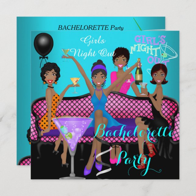Bachelorette Party Teal Pink Fun Girls Cocktails 3 Invitation (Front/Back)