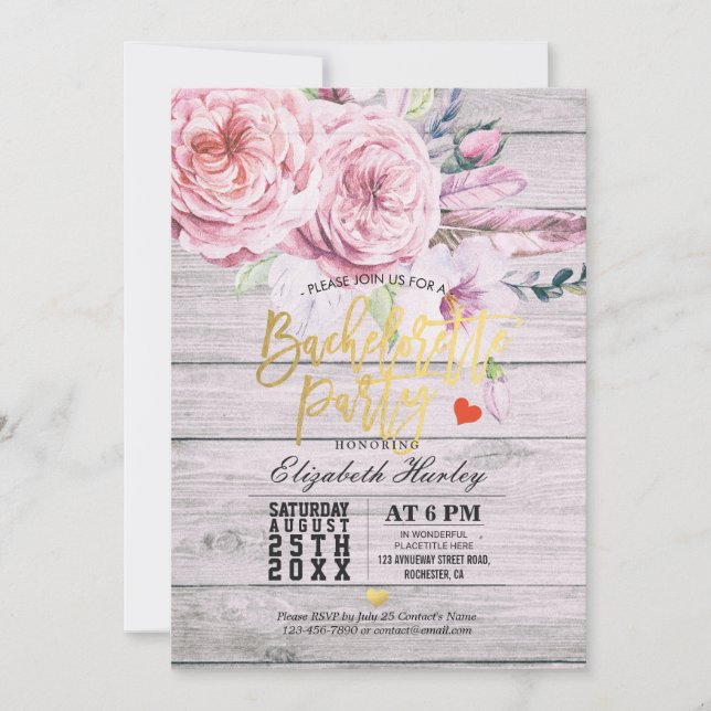 Bachelorette Party Watercolor Floral Rustic Wood Invitation (Front)