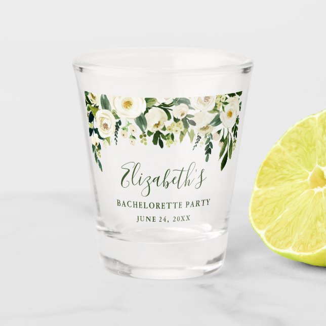 Bachelorette Party Watercolor Green Floral Shot Glass (Front)