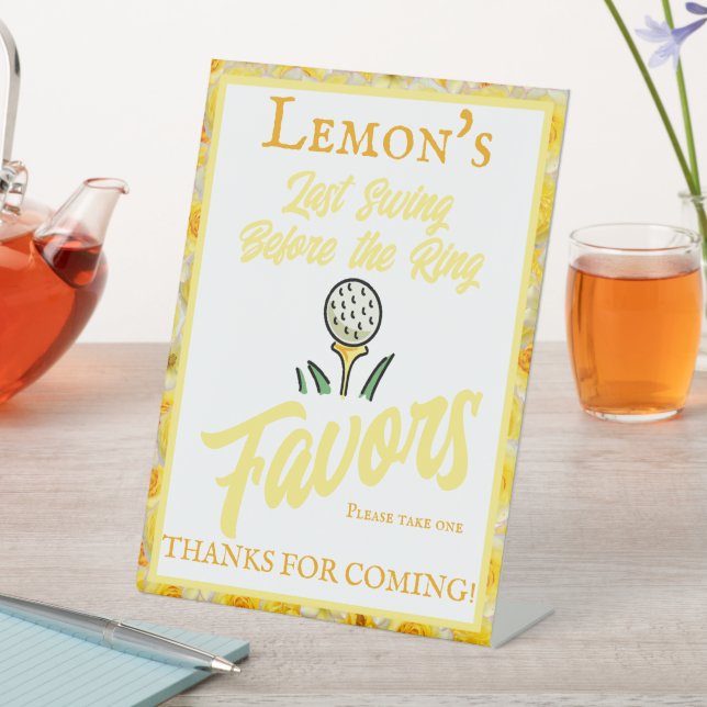 Bachelorette Party Wedding Golfing Yellow White Pedestal Sign (In SItu)