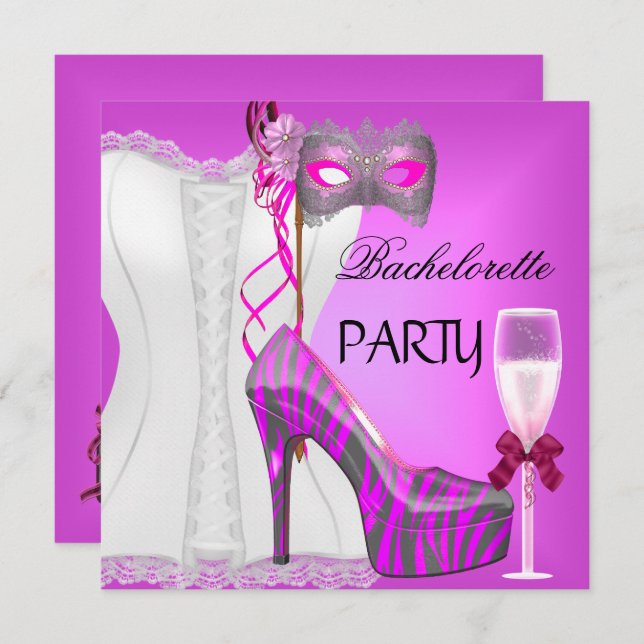Bachelorette Party White Corset Pink Zebra Shoes Invitation (Front/Back)
