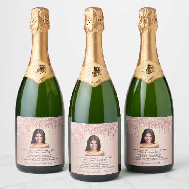 Bachelorette photo rose gold glitter fun facts bio sparkling wine label (Bottles)