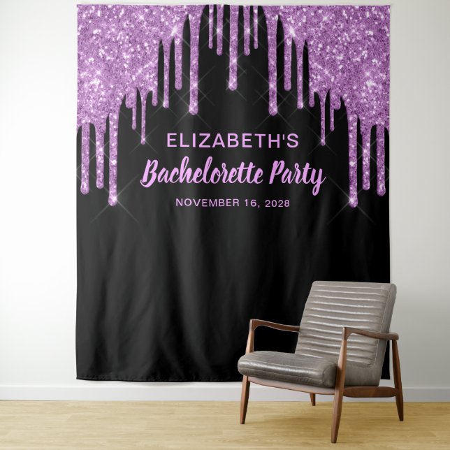 Bachelorette Purple Glitter Black Photo Booth Tapestry (In Situ)