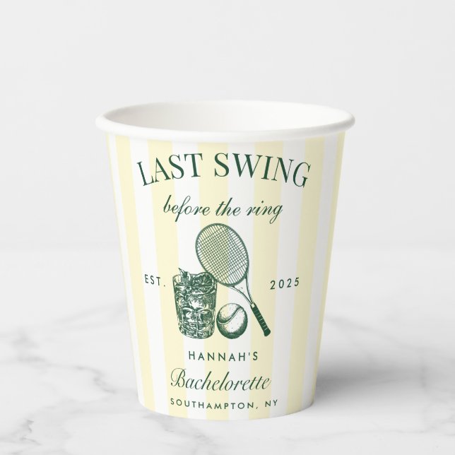 Bachelorette Retro Cocktail Green & Yellow Stripes Paper Cups (Front)