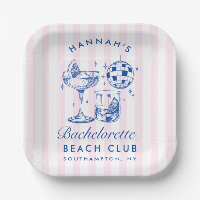 Bachelorette Retro Disco Cocktail Blue & Pink Paper Plate (Front)