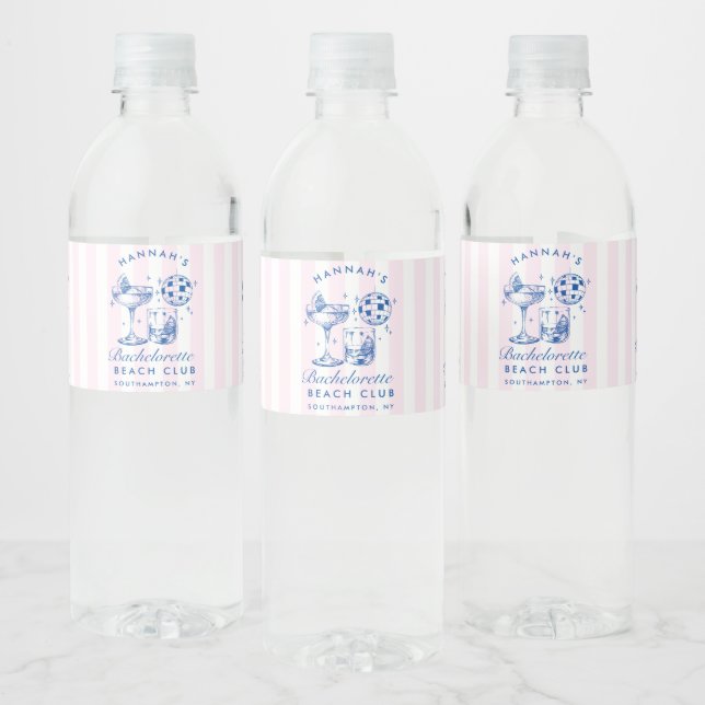 Bachelorette Retro Disco Cocktail Blue & Pink Water Bottle Label (Bottles)