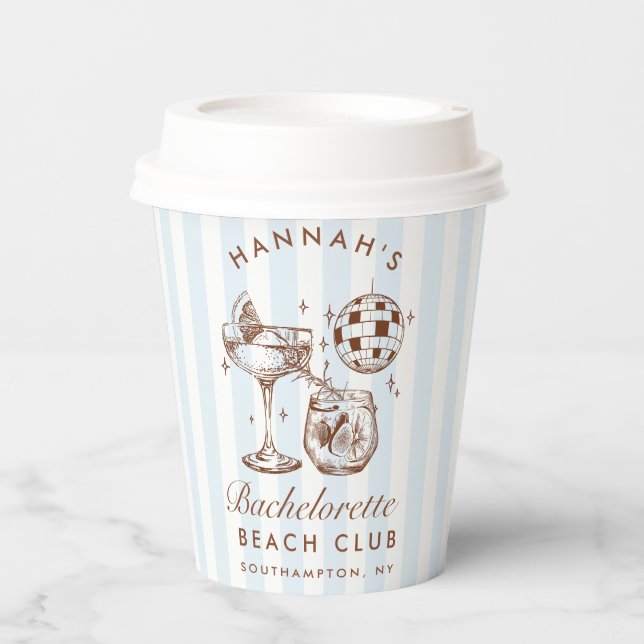 Bachelorette Retro Modern Blue & Brown Stripes Paper Cups (Front)