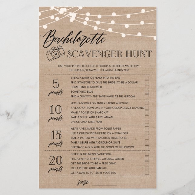 Bachelorette Scavenger Hunt bridal shower game (Front)