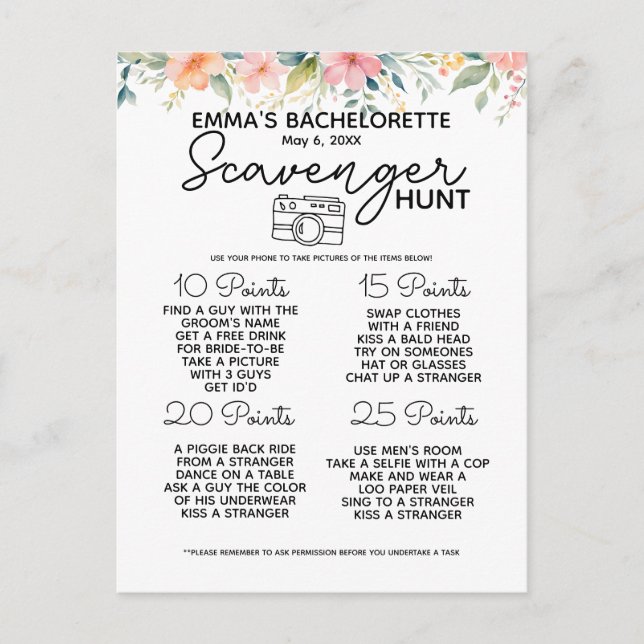 Bachelorette scavenger hunt game hen party announcement postcard (Front)