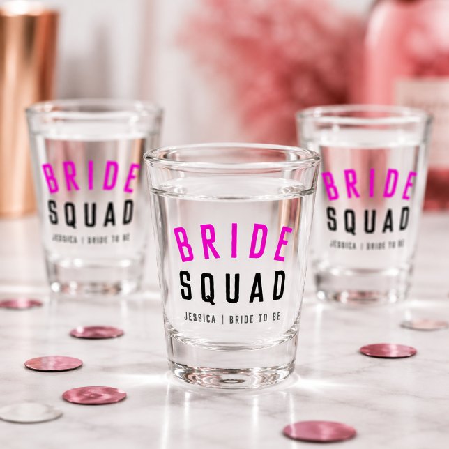 Bachelorette Shot Glasses | Bride Squad Glass Gift (Personalized bride squad shot glasses for bachelorette favors and bridal party toasts.)