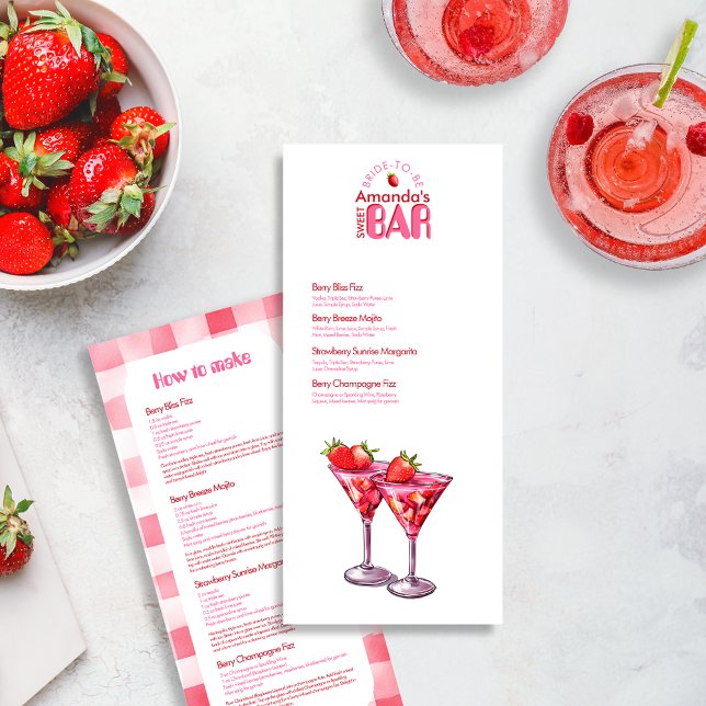 Bachelorette Strawberry Sweet Bar Cocktail Menu (Pink red Strawberry Cocktail Drinks Menu for Bachelorette Hen party fruit retro Bride-to-be events )
