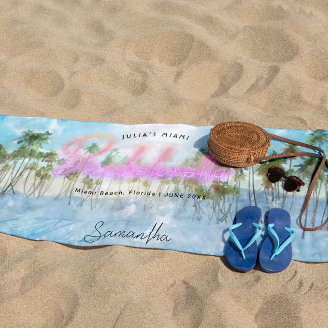 Bachelorette Tropical Palms Neon | Monogram Beach Towel (Creator Uploaded)