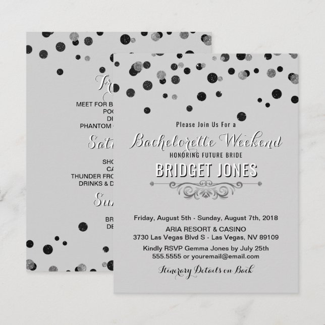 Bachelorette Weekend Itinerary Black Silver Grey Invitation (Front/Back)