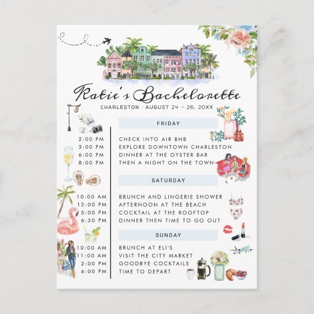 Bachelorette Weekend Itinerary | Charleston, SC In Invitation Postcard (Front)