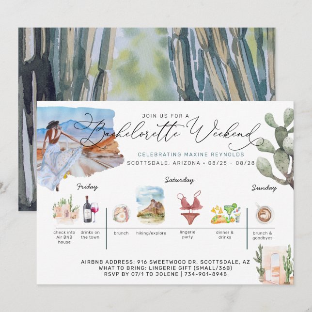 Bachelorette Weekend Itinerary | Desert Cactus Inv Invitation (Front/Back)