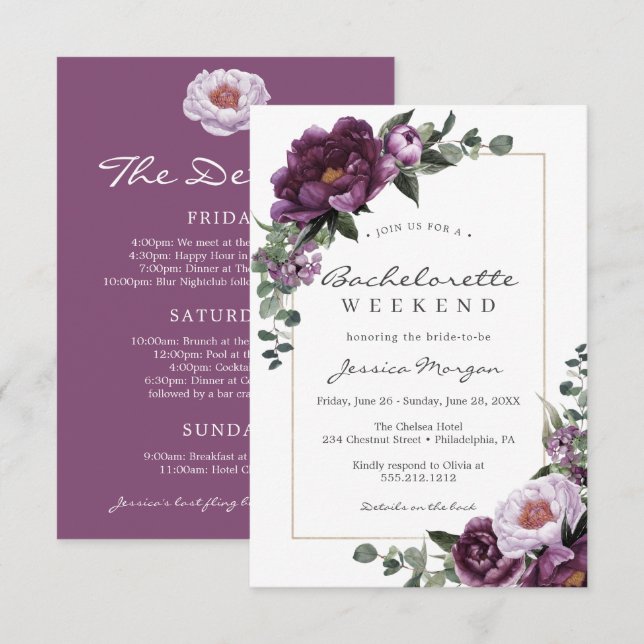 Bachelorette Weekend Itinerary Purple Invitation (Front/Back)