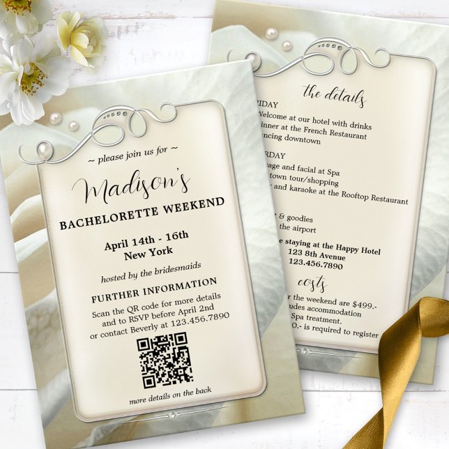 Bachelorette Weekend Itinerary QR Code Template (Bachelorette weekend getaway invitation QR  program template with pearls and silver on an ivory rose)