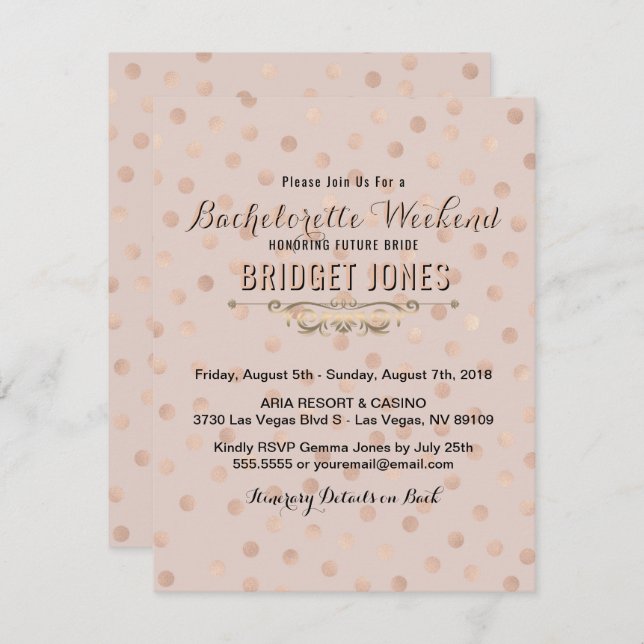 Bachelorette Weekend Itinerary Rose Gold Confetti Invitation (Front/Back)