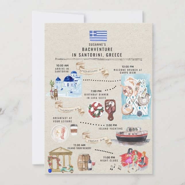 Bachelorette Weekend Itinerary | Santorini Greece Invitation (Front)