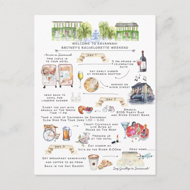 Bachelorette Weekend Itinerary | Savannah, Georgia Invitation Postcard (Front)