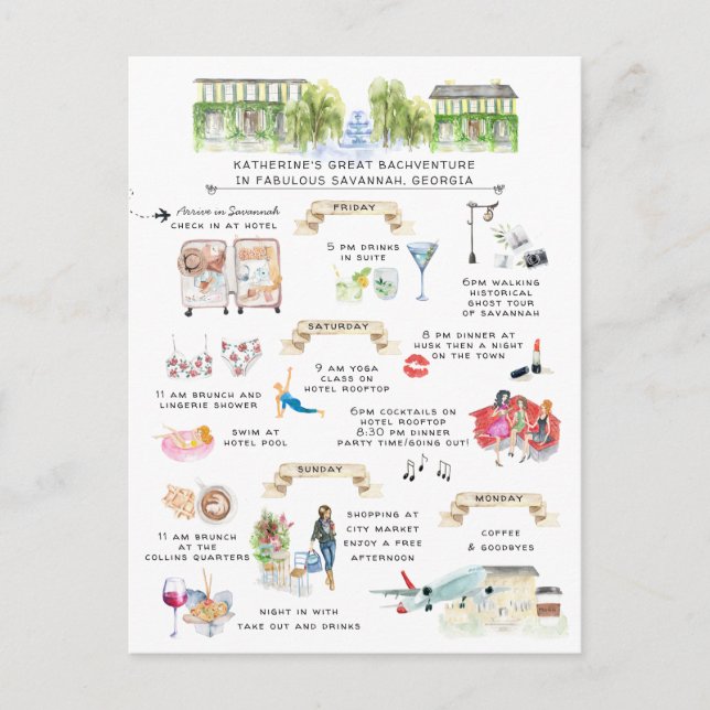 Bachelorette Weekend Itinerary | Savannah, Georgia Invitation Postcard (Front)