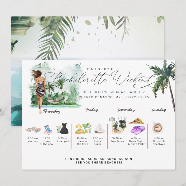 Bachelorette Weekend Itinerary | Tropical Palm Invitation (Front/Back)