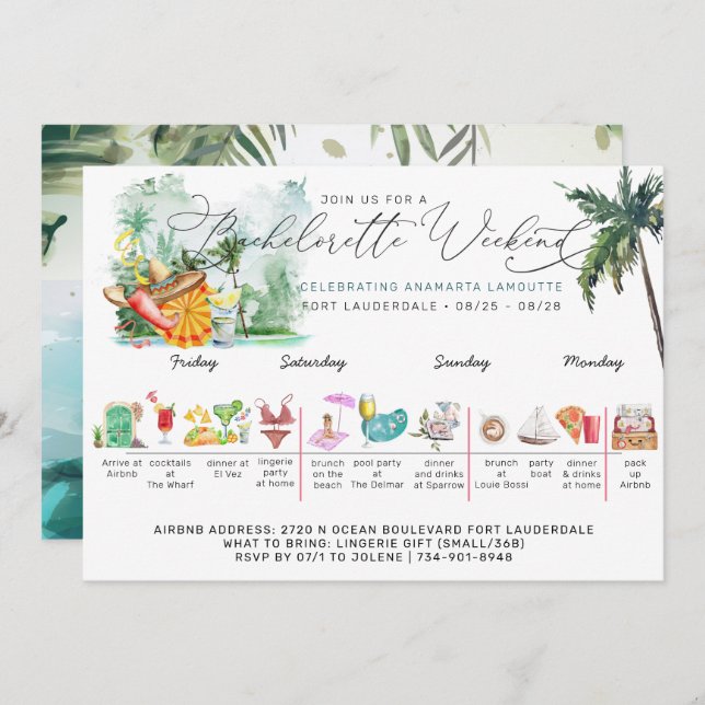 Bachelorette Weekend Itinerary | Tropical Palm Invitation (Front/Back)