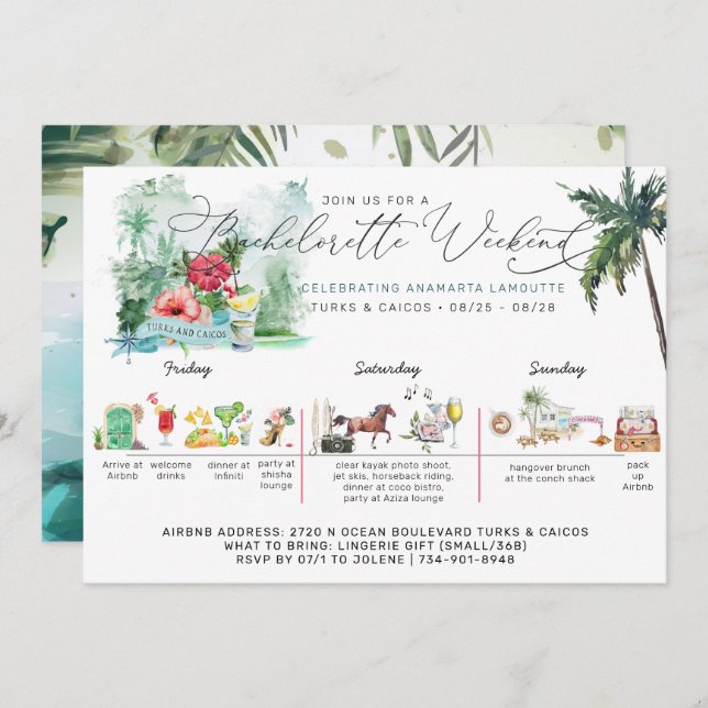 Bachelorette Weekend Itinerary | Turks & Caicos Invitation (Front/Back)