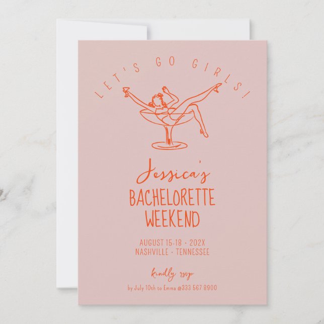 Bachelorette weekend woman in cocktail glass invitation (Front)