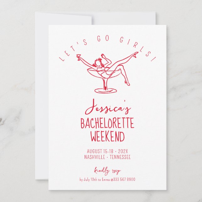 Bachelorette weekend woman in cocktail glass red invitation (Front)