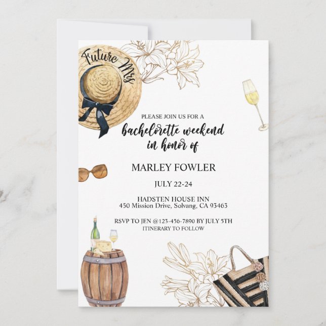 Bachelorette, wine bachelorette, weekend itinerary save the date (Front)