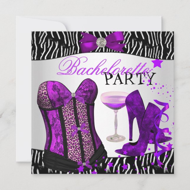 Bachelorette Zebra Purple Corset Champagne Invitation (Front)