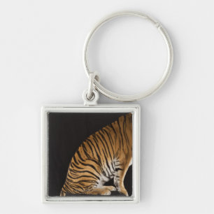 Back end of tiger sitting on platform key ring