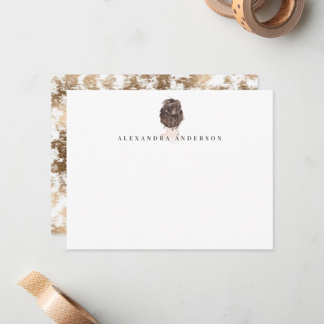 Back Female Head Personal Stationery Note Card (Front/Back In Situ)