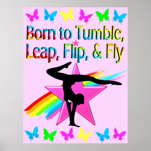 BACK FLIPPING GYMNASTICS GIRL RAINBOW DESIGN POSTER