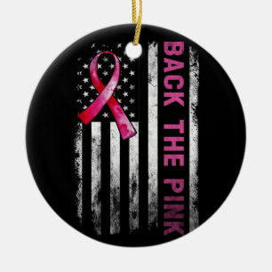 Back The Pink Ribbon American Flag Breast Cancer Ceramic Ornament