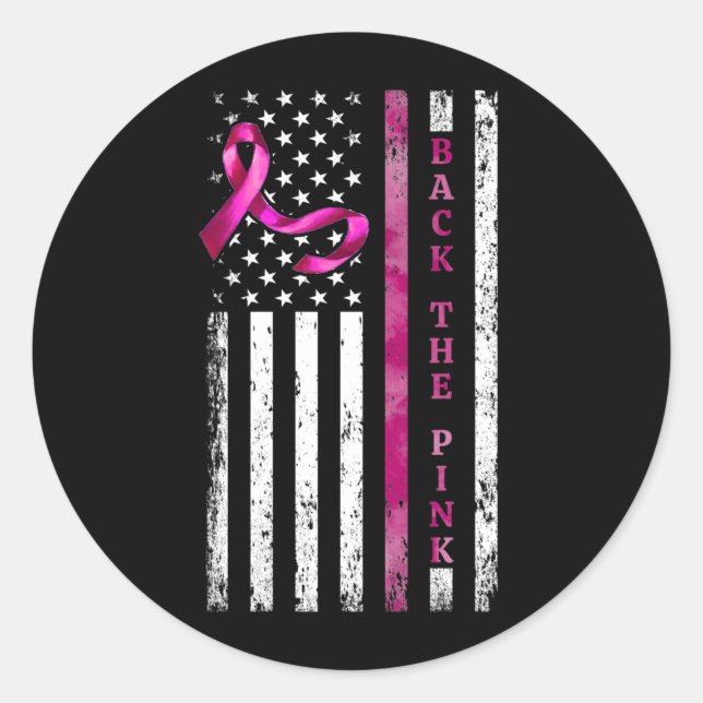 Back The Pink Ribbon American Flag Breast Cancer Classic Round Sticker (Front)