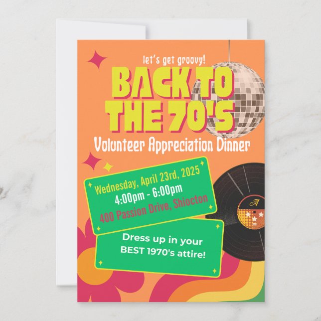 Back to 1970s Disco Volunteer Appreciation Party Invitation (Front)