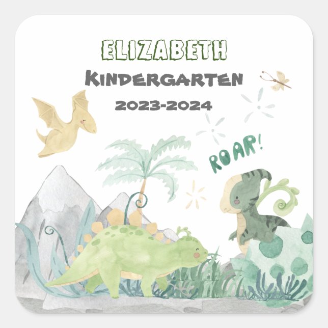 Back To School 2023 Personalised Cute Dinosaur Square Sticker (Front)